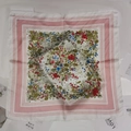Square silk-like scarf with pink borders and elegant colorful floral patterns - Small Pink Square Scarf With Border / 65