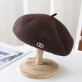 Detail of wool tweed beret featuring golden double ring buckle and textured fabric - M (56-58cm) Adjustable / Dark Coffee