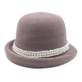Japanese style pearl-embellished pink knit cloche hat for women in winter - M (56-58cm) / Light Purple