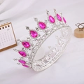 Elegant silver bridal crown with pink teardrop gemstones and clear crystals in silver finish - Silver Base + Rose Red