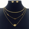 Gold-plated stainless steel layered heart necklace and evil eye earring set on black bust - Three Layer Evil Eye Heart Set (KS201101-HDJ)