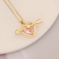 Detail of 18K gold plated necklace with pink heart gem and cupid arrow on ceramic plate - Cupid's Arrow Heart Pink Gem (11#)