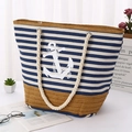 Blue and white striped canvas beach tote bag with anchor print and woven base - Navy Blue