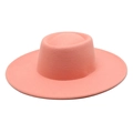 Close-up of coral pink wool felt flat top wide brim hat with detailed stitching finish - Light Pink