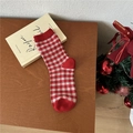 Festive red and white plaid cotton crew socks with ribbed cuffs on wooden background - One Size / Red Plaid