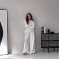 Women's grey half-zip sweatshirt and high-waist joggers set in minimalist grey color - S / Gray