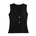 Detail of black V-neck knit vest featuring textured fabric and gold metal buttons - S / Waistcoat Vest / Black Vest