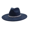 Detailed view of navy blue faux suede fedora hat with shimmering rhinestone band trim - 58 / Navy Blue