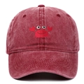 Washed burgundy cotton baseball cap with embroidered red crab on high-quality fabric - One Size / Burgundy