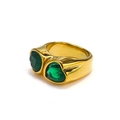 Detail of 18k gold plated ring featuring double heart-shaped green gemstones and wide band - Gold (Green/Green Heart)