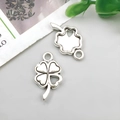 Antique silver clover pendant charms in 2-piece set with detailed hollow leaf textures - Solid Heart Four-leaf Clover 11x17mm