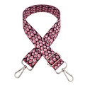 Detail of colorful geometric peacock pattern bag strap with silver metal swivel hooks - Peach Pink Navy Blue (Silver Buckle)
