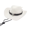 White straw cowboy hat with ethnic band and silver bull head charm on white background - White