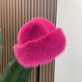 Winter faux fur bucket hat in vibrant rose pink with thick warm plush texture - Rose Red