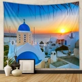 Dettaglio di un arazzo da parete di Santorini con chiese a cupola blu al tramonto per casa - 73*95CM / Tramonto a Santorini A (Spazzolato)