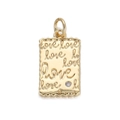 Golden rectangular Saint Guadalupe pendant with relief love letters and crystal inlay - Love Stamped Scalloped Rectangle Style