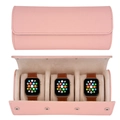 Pink leather watch roll travel case for 3 watches with soft beige velvet interior - 3 Slots Pink + Off-White