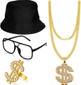 Hip hop cosplay set with bucket hat, glasses, dollar sign ring and chain necklace - 4pcs Set (Necklace/Ring/Glasses/Hat)