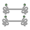 Detailset zilveren slang tepelpiercings met witte zirkoon en groene edelsteenoogjes - Slangenvorm Zilver