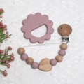 Silicone lion teether with pink beaded pacifier clip and wooden clasp for babies - Lion Teether + Beaded Chain / Dusty Pink