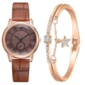 Reloj de oro rosa con números romanos y correa de cuero marrón con pulsera de estrella - Reloj + Pulsera / Marrón