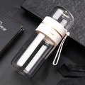 Double-layer glass water bottle with tea separation infuser and white carrying strap - White 350ml