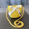 Bright yellow woven straw crossbody bag for girls with a large white fabric bow and tassels - Yellow (Bag)