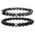 Pair of vintage beaded bracelets featuring grey labradorite and matte black onyx stones - 2 Pcs Set - Magnetic Clasp / Grey Labradorite / Black Matte Agate