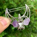 Fermaglio gotico a luna cava con teschio di corvo e dettagli in cristallo viola - Fermaglio vuoto argento + Testa di corvo argento + Pietra di ametista grezza