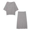 Chic grey knit set featuring lapel collar top and matching midi skirt for autumn - S / Top And Bottom / Gray