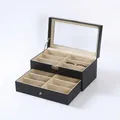 Zweistöckige Uhrenbox aus schwarzem PU-Leder mit 8 Fächern und praktischem Glasdeckel - 12 Slots Doppelschicht Brillenbox - Beige