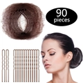 90-piece hair styling set including brown U-shaped pins and invisible hair nets - 50 Coffee Nets + 40 U-Pins / Brown