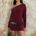 Detail of burgundy off-shoulder long-sleeve dress with waist belt and knit texture - S / Red