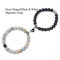 Koppelarmbanden met witte turkoois en hartvormige magnetische sluiting set - Zwart-Wit Hart - Amazoniet en Gematteerde Kralen