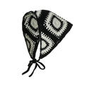 Bandana au crochet fait main avec motif floral noir et blanc et lacets de serrage - Carré de Grand-mère Noir Blanc