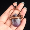 Handmade amethyst teardrop pendant with vintage bronze wire wrapping on black cord - Amethyst