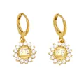 Golden sunflower earrings with FE initials and white cubic zirconia stones on white background - Sunflower FE Style / Gold