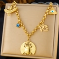 Detailed view of gold stainless steel necklace with Egyptian scarab and eye charms - Egyptian Scarab All-Seeing Eye Wing Style (N3266)