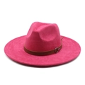 Fuchsia suede fedora hat with wide brim and brown leather strap with silver metal ring - M (56-59cm) / Rose Red