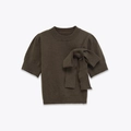 Women's dark olive knit short sleeve top with large bow detail and ribbed crewneck - S / Dark Coffee