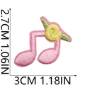 Macro view of pink musical note embroidery patch with yellow flowers and dimensions - Pink Floral Note Shape (26号)