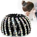 Detail of expandable black velvet bird nest hair clip with sparkling colorful rhinestones - Shiny Colorful Rhinestone