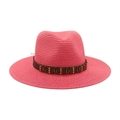 Chapeau de soleil en paille fuchsia avec bande perlée, style fedora pour la plage - Taille unique / Chapeau de Paille Rouge Pastèque (Bande en Cuir Café)