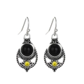 Vintage silver alloy drop earrings with black gemstone and yellow diamond accent - Antique Silver Black Gemstone (K-1331)
