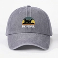 Washed grey denim baseball cap featuring a black cat and 'EW, PEOPLE' vintage print - One Size / Gray