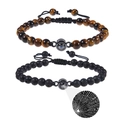 Detail of tiger eye and lava stone couple bracelets with I Love You projection charm - Tiger Eye + Lava Stone
