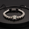 Leopard head bracelet with white zircons and black adjustable braided cord - Steel Color Leopard Pineapple Bead Bracelet