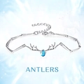 Bracelet bois de renne en argent avec cristal bleu goutte d'eau et chaîne fine - Bracelet Élan (5987) / Argent Bleu Lac (Bracelet-Cuivre)