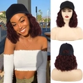 Black baseball cap with shoulder-length wavy wine red wig hair for women - Red Brown