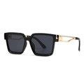 Fashionable square black sunglasses with luxury hollow gold metal temples on white background - Black Frame Gold Temple Black Lens